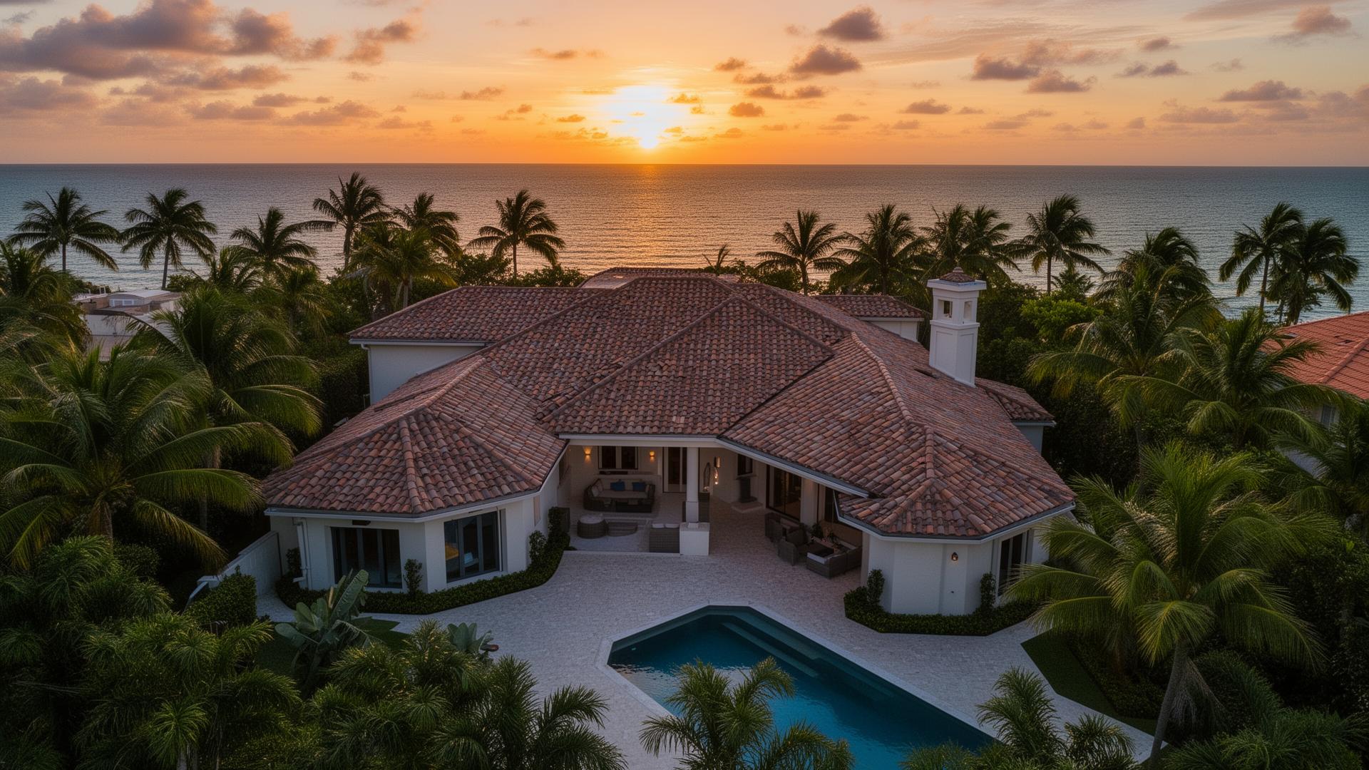 Luxury Fort Lauderdale home with new tile roof at sunset
